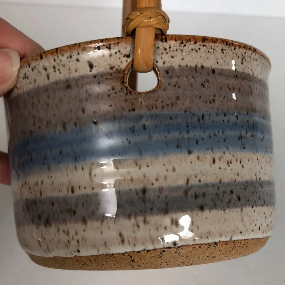 Art Pottery Glazed Basket Style Bowl With Bamboo Handle-Signed
